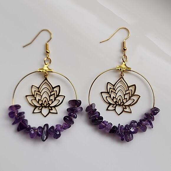 Genuine Amethyst Boho Flower Earrings - Picture 2 of 4